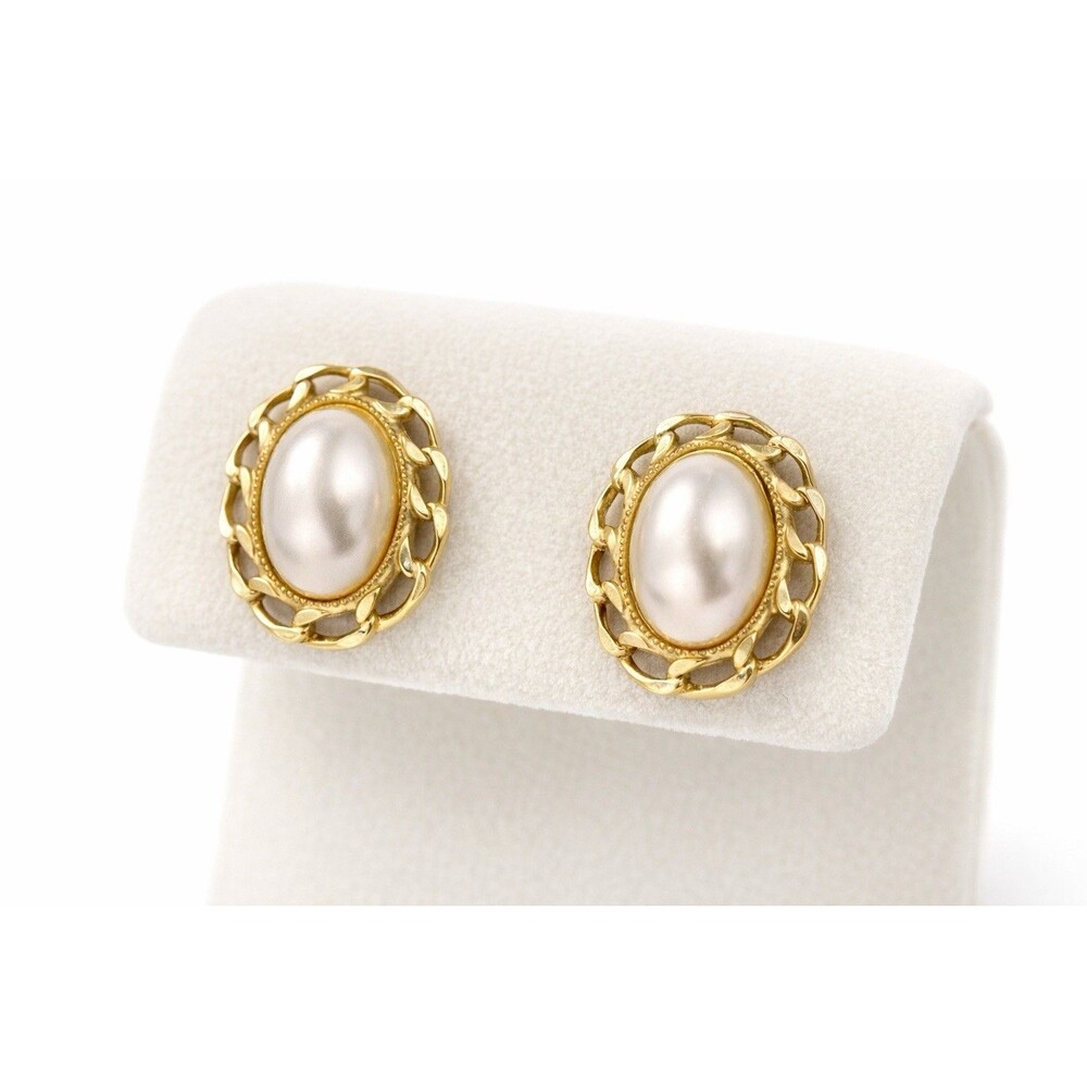 Vintage Trifari Faux Pearl Oval Gold Tone Stud Earrings NOS On Card Large